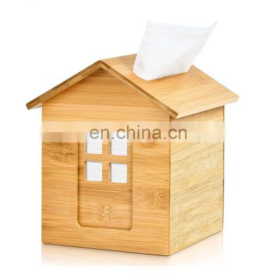 House Shaped Tissue Box Cover Square, Bamboo Farmhouse Tissue Box Holder for Bathroom/Bedroom/Dinner Table/Office
