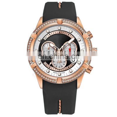 Fashion black silicone band dial rose gold case diamond bezel luxury 3 eyes oem watch chronograph