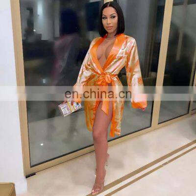 Money Printed Women Sleepwear Satin Silk Pajama Robe Set For Women