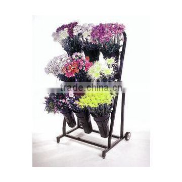 Metal flower display rack with wheels /vases to be inclined to the front