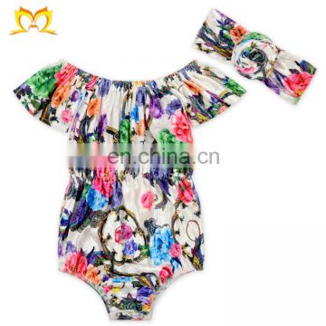 Baby Boho Romper With Kink Headband Off Shoulder Playsuit Floral Print Beach Jumpsuits