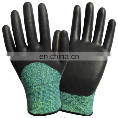Thermal Green HPPE Outer Layer Acrylic Brush Warm Lined  Black Nitrile Foam Coated Anti Cut Resistant Winter Work Gloves