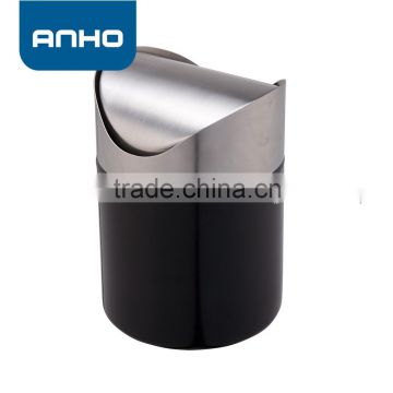 Oil spray stainless steel desk trash bin with swing lid in black color
