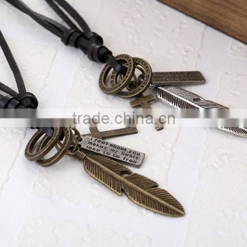 N0018 America and Europe pop alloy feather leather necklace