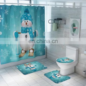 Christmas Bathroom Shower Curtain Mat Set Four-piece Waterproof Toilet Cover Mat Non Slip Rug Shower Curtain