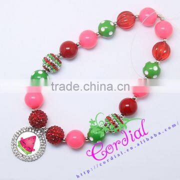High Quality Fashionable Kids Costume Jewelry Bubblegum Color Beaded Kids Rhinestone Pendant Cartoon Watermelon Necklace