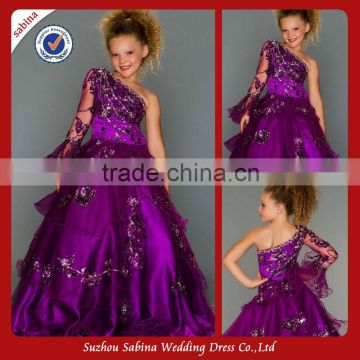 Fl114 Taffeta Tulle One Shoulder One Sleeve Appliqued Sequined Flower Girl Dress