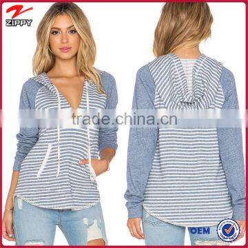 2015 Ladies plain stripe hoodie top with drawstring tie and kangaroo punch pocket