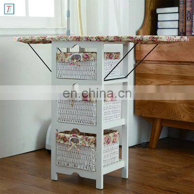 Folding Ironing Board Wooden Storage Cabinet with 3 Paper Storage Drawers