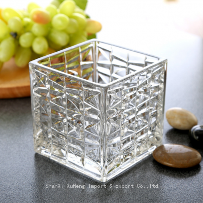 High Quality Popular Selling Embossed Clear Glass Square Flower Pot Vase Transparent Crystal Candle Holder