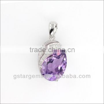 925 Sterling Silver Natural Gemstone Amethyst Rhodium Plated Jewelry CZ Pendant