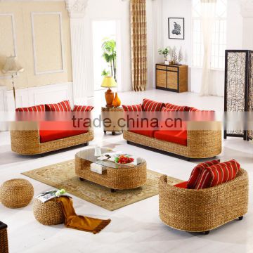 Contemporary Style Indoor Natural Rattan Seagrass Water Hyacinth Sea Weed Real Wicker Conservatory Furniture Corner Sofa Set