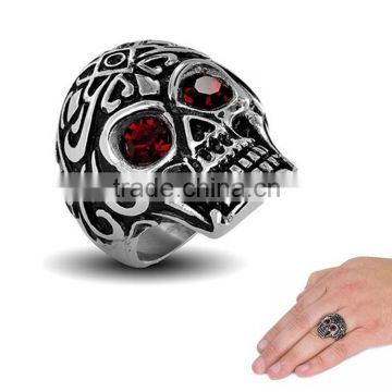 Stainless Steel Skull ring with red stones in the eyes
