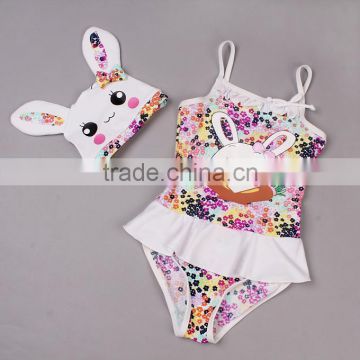 2016 Girls Summer Bathing Suit White Polyester Swimwear With Rabbit And Hat New Fashion One Piece Swimsuit For Girls SR40417-2