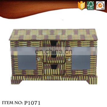 Rectangular cabinet box three drawers two grib weave bamboo decorative pattern cardboard storage box