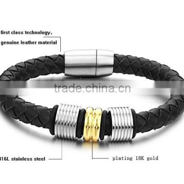 Stainless Steel black Leather Mens Bracelet Bangle