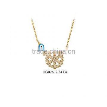 14K Solid Gold Turkis Evil Eye Snowflake Charm Necklace