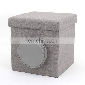 Customized folding ottoman box storage chair with pocket linen folding sitting living room storage stool ottoman