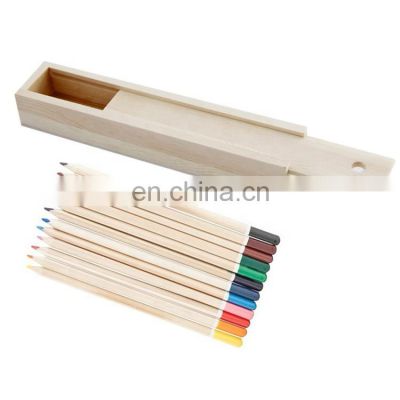 Promotional student gifts wooden pencil case box with 12 color pencils