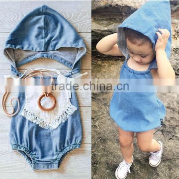 2016 ins hot sale baby girl denim hooded rompers baby girl european backless one-piece baby cool denim romper