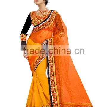 Orange Georgetter saree with embroidery