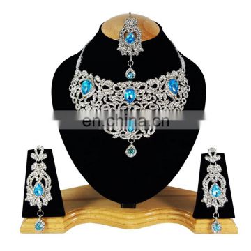 Voylla Intricate Turquoise Color Silver Plated Indian Handmade Ethnic Kundan Zerconic Necklace set in