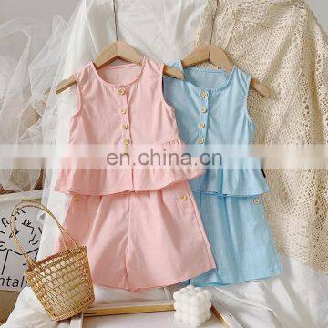 A0204# Baby Girl Sets Summer Sleeveless Top Solid Color Shorts 2Pcs Children'S Sweater