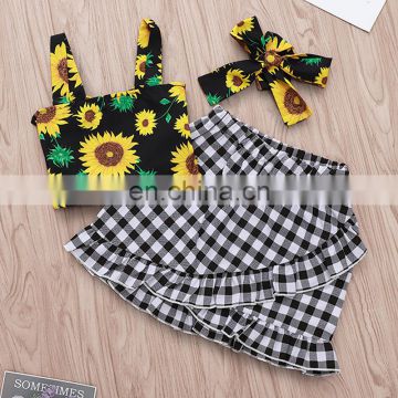Kids Clothing Sets Summer Baby Girl Clothing Sunflower Tops & Plaid Skirts & Headband 3PCS for 1-5T