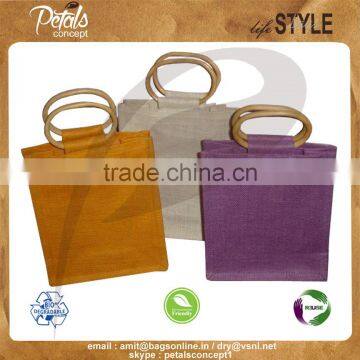 Customize Jute gift tote bag with wooden cane handle