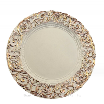Wholesale Cheap Party Dinnerware Plastic Floral White Charger Plates With Rose Gold Rim