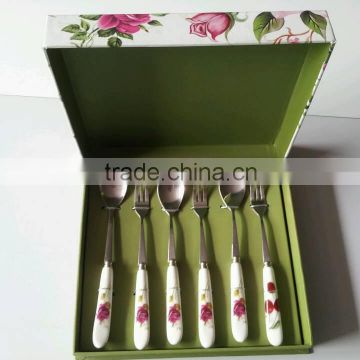 JZ013 Elegant 6 pcs high quality stainless steel ceramic handle dinnerware set in a colorful box