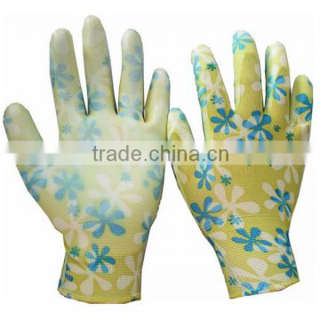 13Gauge Transparent Nitrile Fully Coated Gloves with Printing Liner for Garden