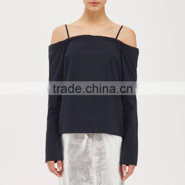 Experienced Factory Fast Delivery Tie Back Cotton Straps Long Sleeve Black Top