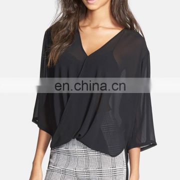 CHEFON Three quarter dolman sleeve surplice front ladies chiffon blouses elegant design