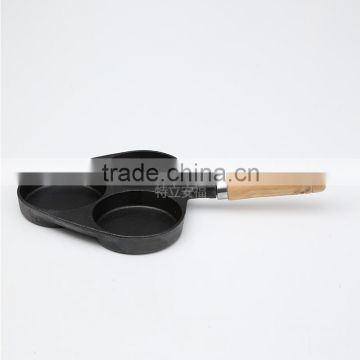 Mini three holes cast iron frying pan with wooden handle
