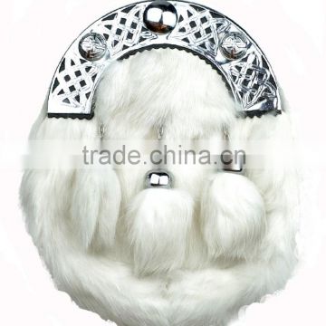 Scottish Full Dress White Rabbit Sporran With Celtic Design Cantle On Front Side