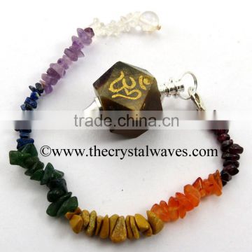 Tiger Eye Agate Om Engraved Hexagonal Pendulum With Chakra Chips Chain