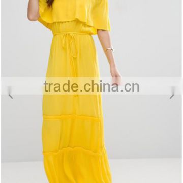 fahion style plain off-shoulder slash neck tiered skirt maxi dress womens newest linen dress
