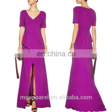 latest fashion purple evening dress front slit purple crepe evening gown, evening dress alibaba china