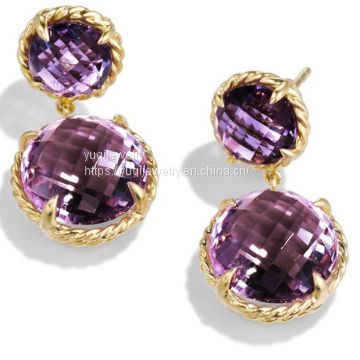 Gold Plated Chatelaine Mini Double-Drop Earrings with Amethyst(E-037)