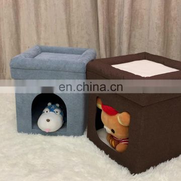 RTS Folding Indoor Cat Bed Ottoman Faux Linen Fabric Animal Stool Box for Dog Sitting Living Room Furniture