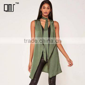 Light weight crepe sleeveless cardigan women's khaki green waistcoat