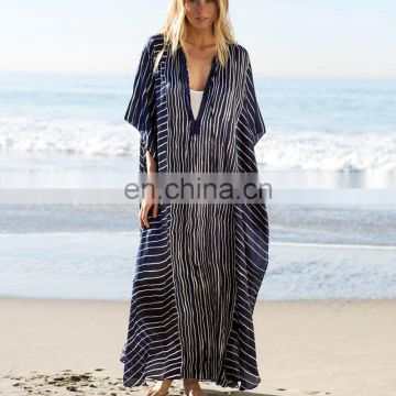 2019 Dark Blue Striped Deep V-Neck Bats Sleeve Loose Summer Dress Beach Kaftan Plus Size Women Beachwear Maxi Dress Sarong