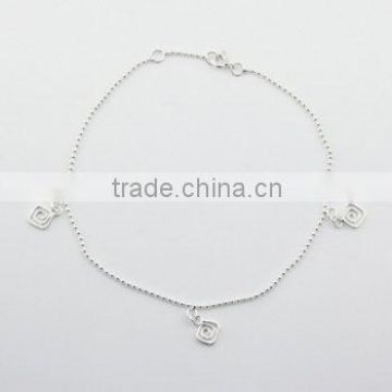 Diamond Shaped Spiral Charms Sterling Silver Bead Chain Anklet