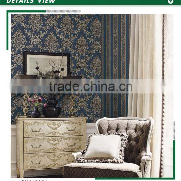 economic embossed pvc coated wallpaper, dark blue luxurious damask wall sticker for decor wall , absorb sound wall paper brands