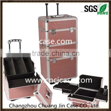 Customized cheap professional pink aluminum cosmetic case with wheels