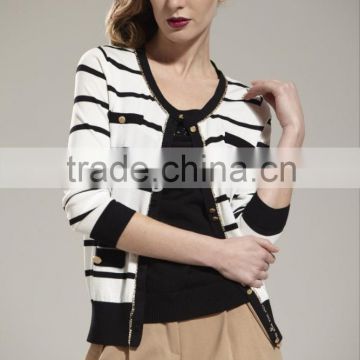 Womens' crew neck 3/4 sleeve cardigan knitted sweater with stripes &button