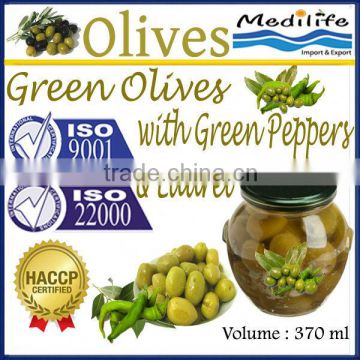 Green Olives with Green Peppers & Laurel,Tunisian Table Olives,Table Green Olives 370 ml Glass Jar