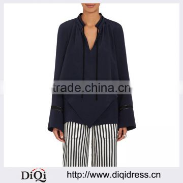 Customized Wholesale Lady's Apparel V-neck Silk Crepe Double-layered Tieneck Blouse(DQM023T)