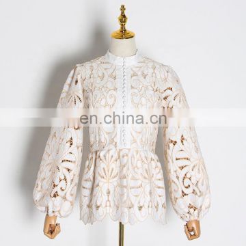 TWOTWINSTYLE Casual Hollow Out Women Blouses Stand Collar Lantern Long Sleeve High Waist Print Ruched